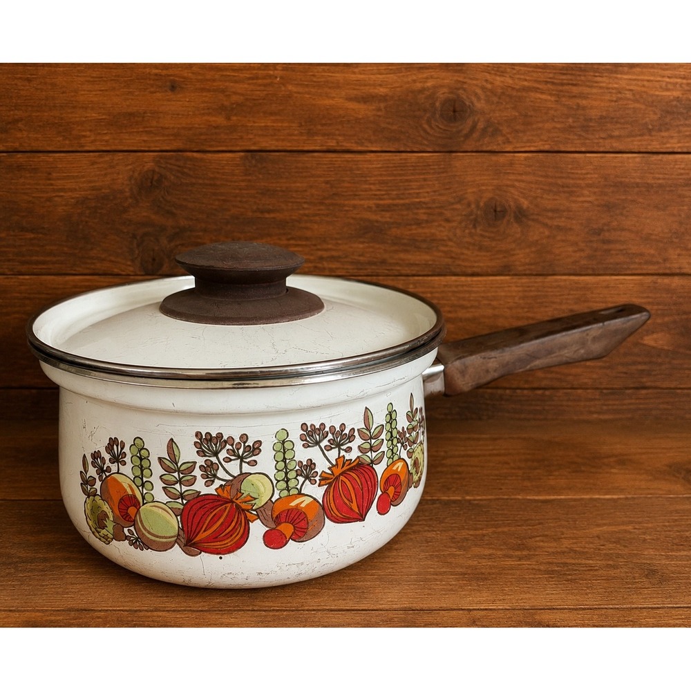 Vintage 70s Enamel Saucepan with Lid Retro Vegetable Botanical MCM Cottagecore